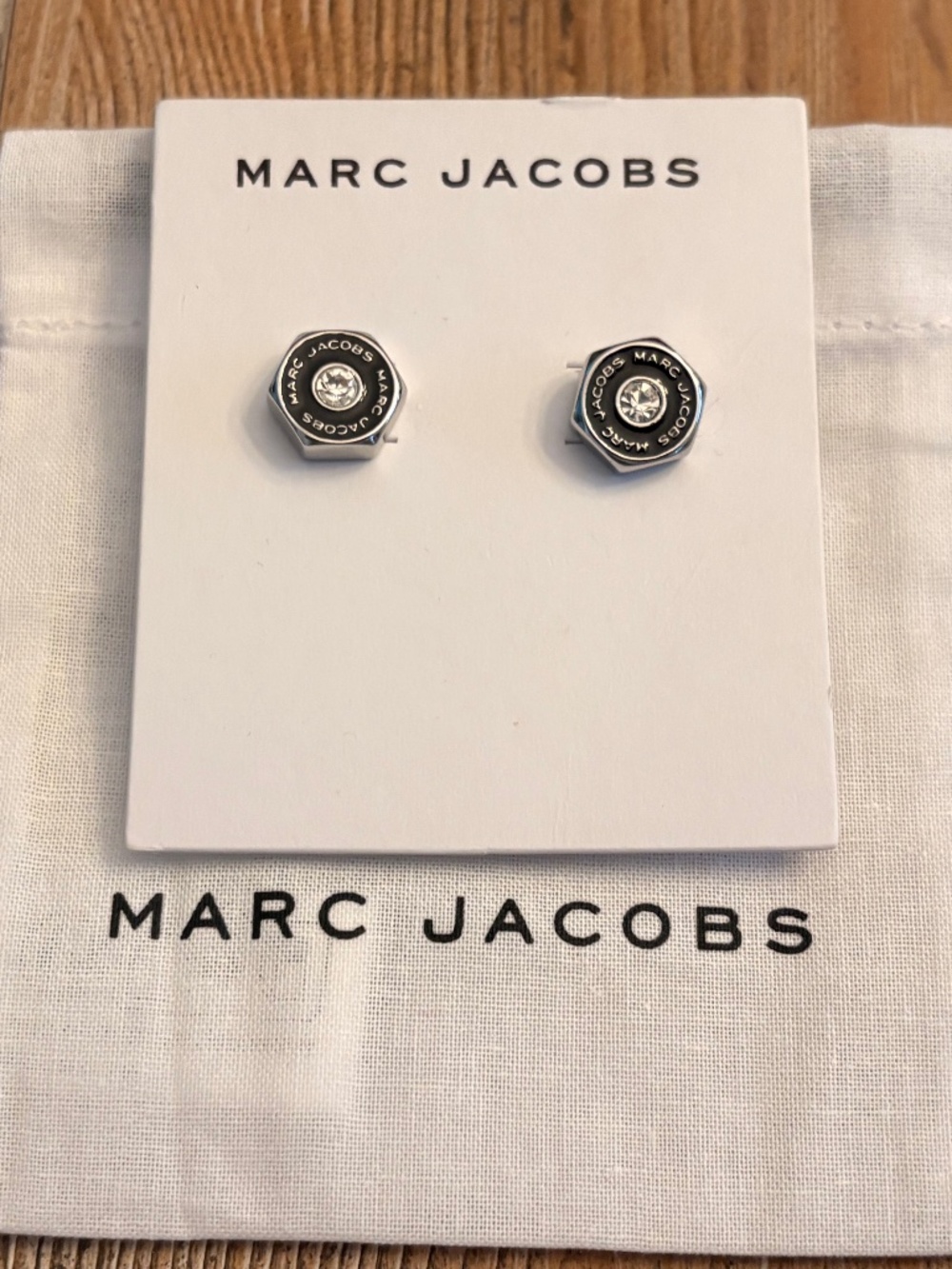 NEW Marc Jacobs Silver Crystal Logo Stud Earrings Authentic